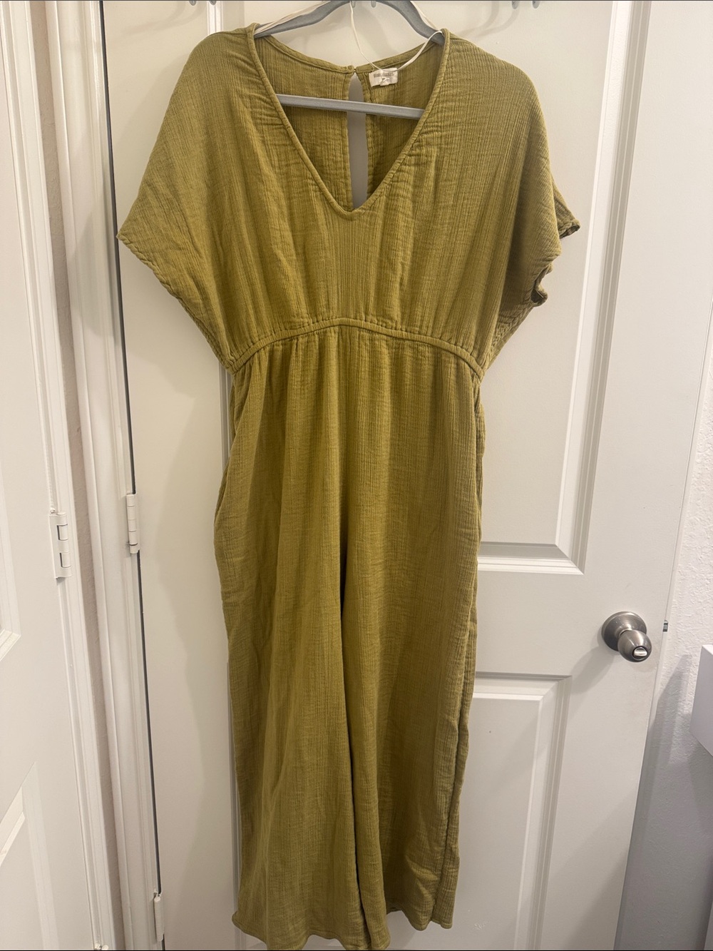 World Market L/XL V-Neck Green Jumpsuit Dress